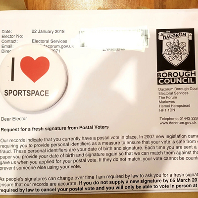 I love Sportspace and postal vote letter